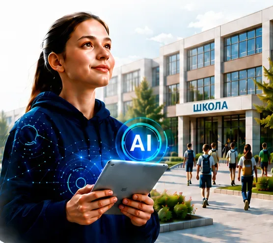 Schoolgirl with a tablet outside a school with an AI platform